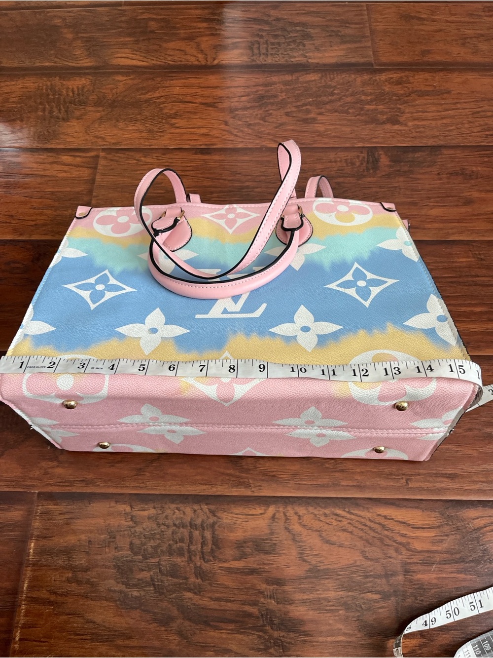 Designer Inspired Pastel Multicolor Tote - Pink, Blue, Yellow - Picture 9 of 11